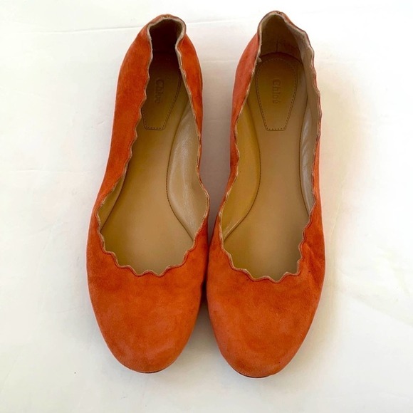 Chloe Coral pink suede leather Lauren scallop ballet flats 37.5 - Picture 1 of 7